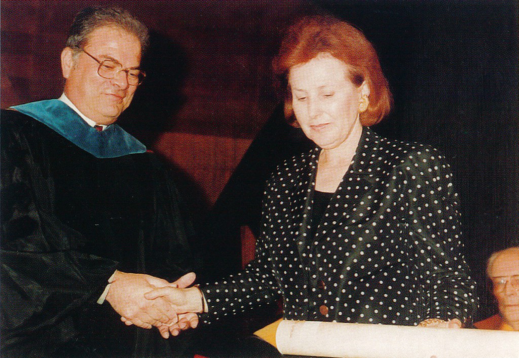 Technion Senior Vice President, Prof. Alexander Solan, presenting Mrs. Rachel Pollak with a Technion Honorary Doctorate Scroll awarded posthumously to her late husband, Israel Pollak, June 1993
